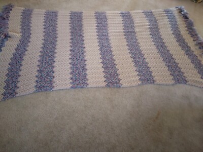 Hand Crocheted Afghan 87 X 49 Calming Blue W Beige Hues Ripple Pattern Chair
