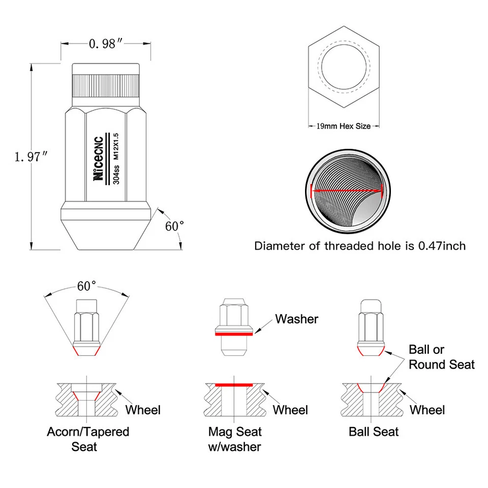 20PCS 12X1.25 12mmX1.25 M12X1.25 Extended Wheel Lug Nuts For Nissan For Infiniti Foto 2 de 4