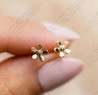 Solid 14k Yellow Gold Finish Flower Stud Earrings For Womens