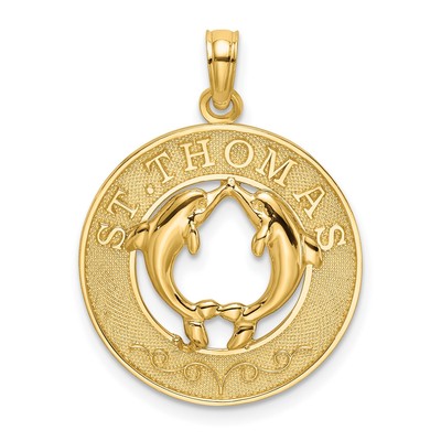14k Gelbgold Thomas Worte mit zwei Delfinen in Groschengröße Charm Anhänger