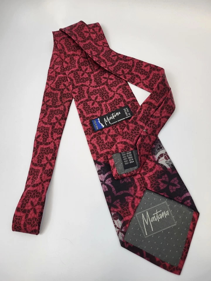 Corbata de seda Montana roja negra gris geométrica para hombre Italia 59 x 3,1/8 Foto 4 de 4