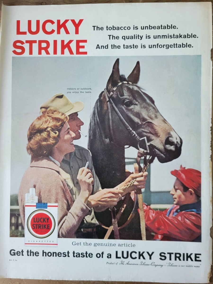 lucky strike cigarettes price uk 1959 Lucky Strike cigarettes man woman smoking horse jockey vintage ad