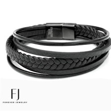 Men's Stainless Steel 8.5" Black Braided Leather Magnetic.Bracelet Unisex.BOX