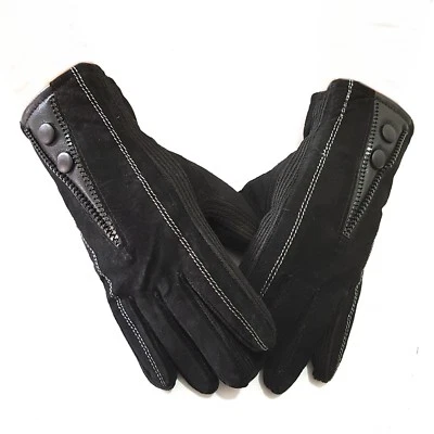 Gants En Cuir Pour Hommes En Daim D'Hiver Gants Pour Hommes Chauds Noirs - Photo 1/2