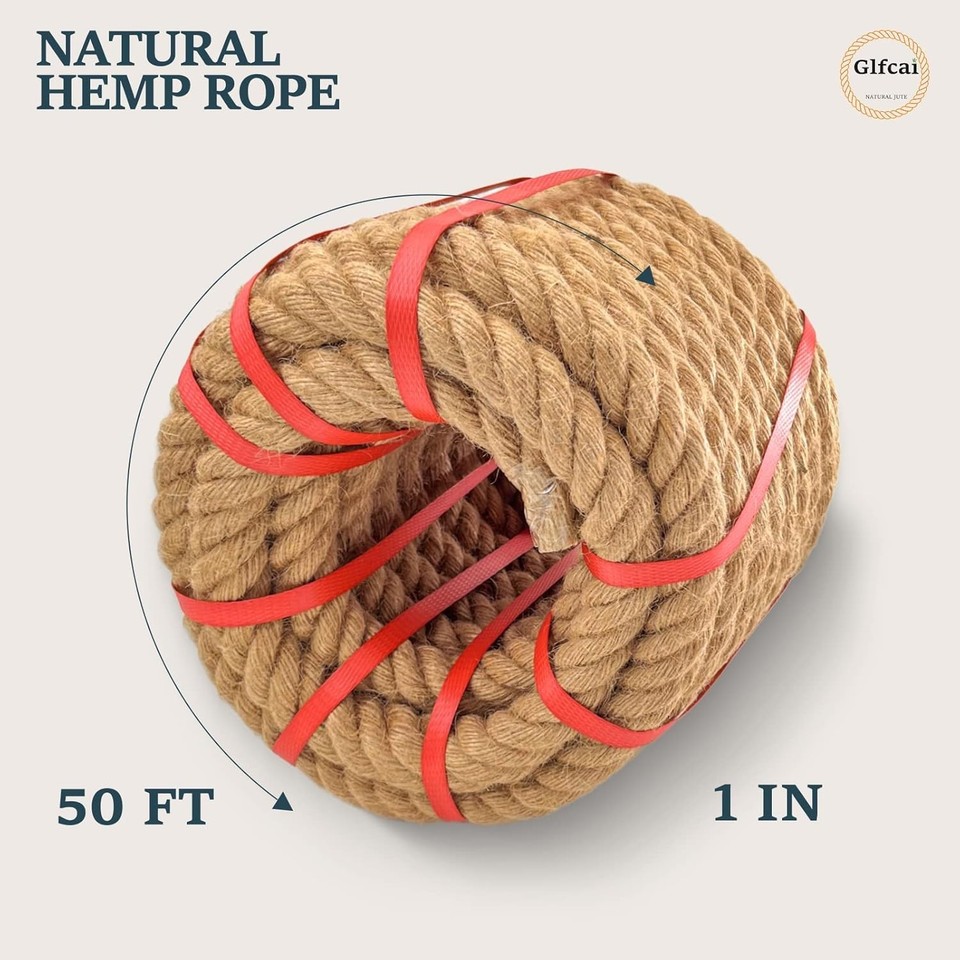 Natural Hemp Rope (1 in X 50 Ft) Twisted Manila Rope Thick Jute Rope ...