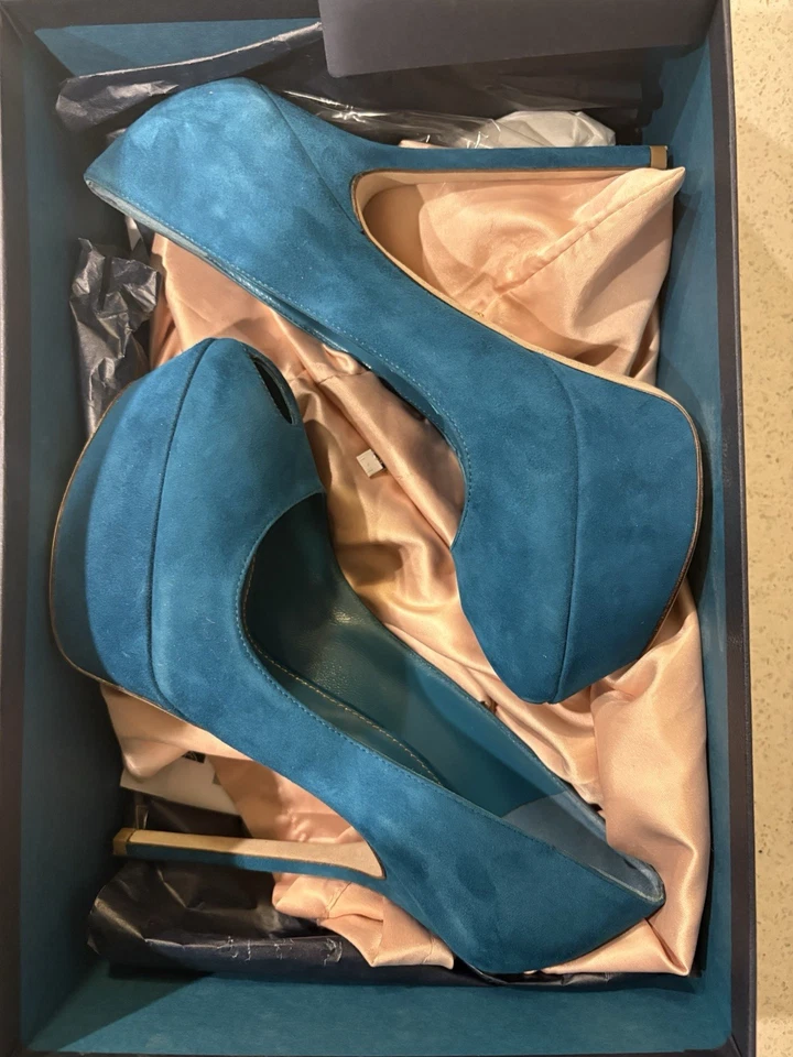 $975 Sergio Rossi Azul Teal Cachet Gamuza Celebridad Tacones Stiletto Zapatos 36.5 con Caja Foto 2 de 4