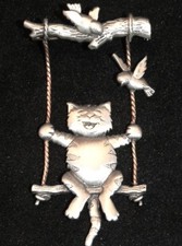 Vintage JJ Jonette Pewter Silver Tone Moving Cat on Swing with Birds Pin Brooch