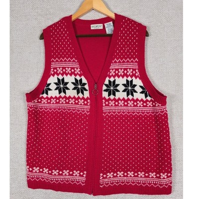 VTG White Stag Womens Red Fair Isle Snowflake Full Zip Sweater Vest Plus 14W 16W