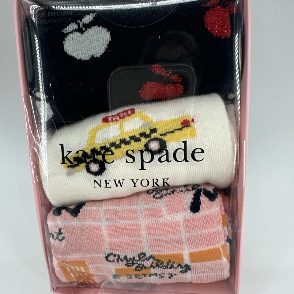 Kate Spade Нью-Йорк 3 упаковки NYC Apple такси экипажа носки, черный/мульти, новый в коробке - Изображение 2 из 3