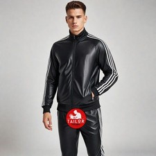 Mens Genuine Real Lambskin Black Leather Track Suit Sweatsuit Jogging Tracksuit