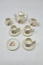 Vintage Miniature Ceramic Tea Set   10-Piece, Girl  Dog Design, Crazing