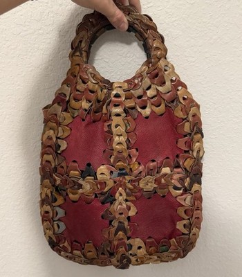 1970 Vintage Woven Chain Link Leather Hobo Bag Red Brown Tan Women's Purse