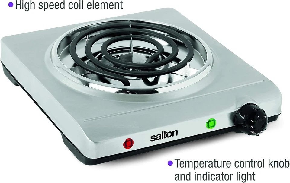 Salton Placa de cocción eléctrica portátil bobina simple acero inoxidable 1 quemador 1,36 kg Foto 3 de 4