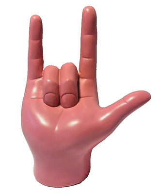 Love You Finger Gesture Statue Rock On Hand Sculpture PINK Resin Ring Holder B2