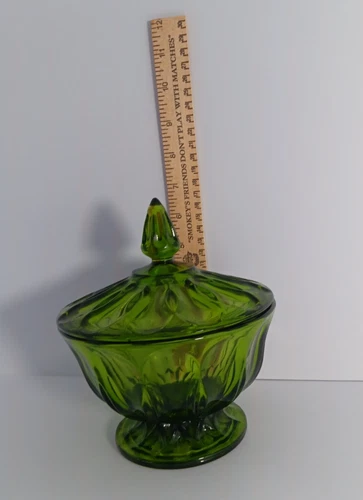 Vintage Indiana Depression Glass Candy Dish with Lid Avocado Green