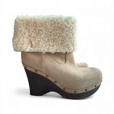UGG Carnegie platform wedge clog winter boot shearling cuff beige women s size 7