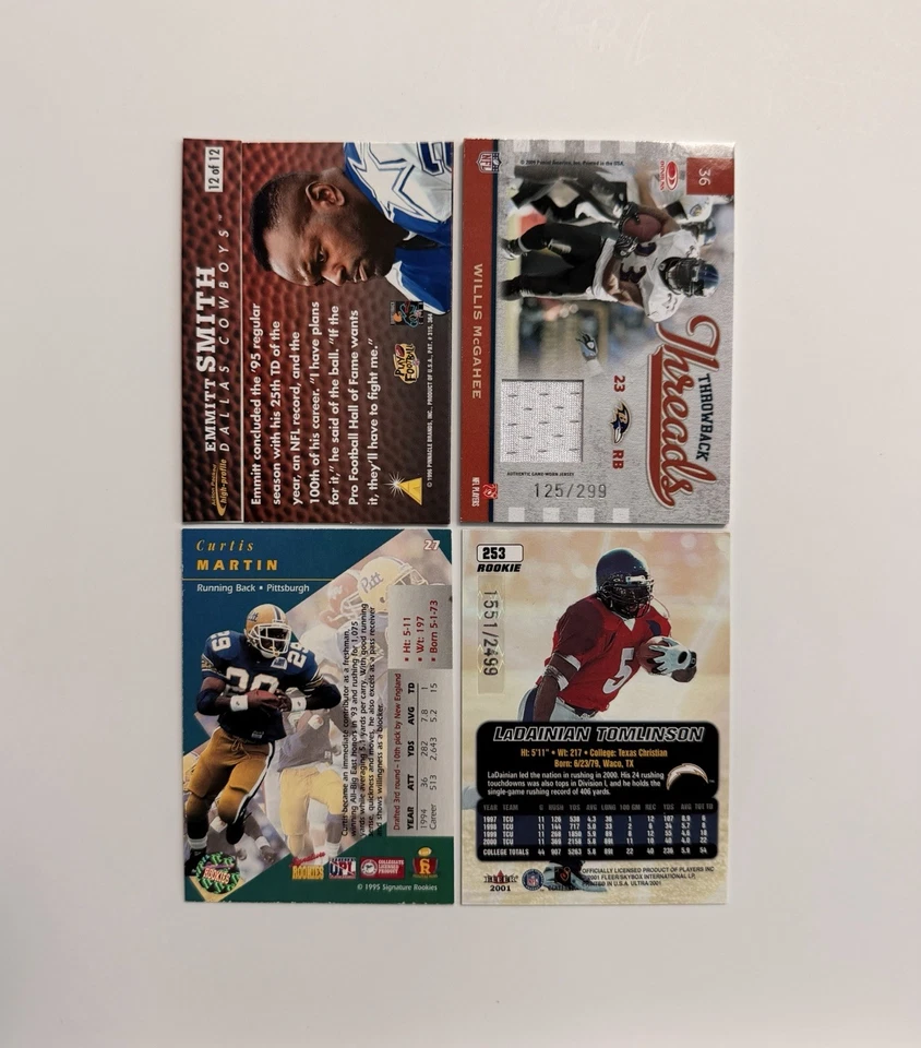 Lote de 4 tarjetas de fútbol americano Emmitt Smith Tomlinson Curtis Martin McGahee Jersey Salón de la fama automático Foto 2 de 4