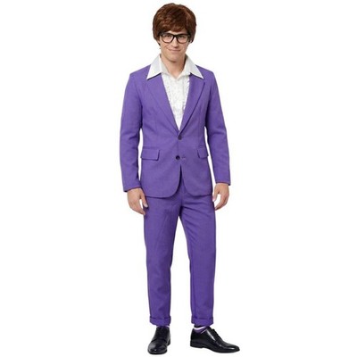 Erwachsene 60er Jahre Groovy Spy Kostüm weiß Hemd lila Anzug Perücke Brille Kostüm