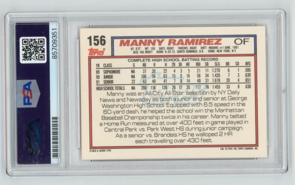 MANNY RAMIREZ Signed 1992 Topps ROOKIE Baseball Card #156 + PSA Auth Auto 709351 - Image 2 of 2