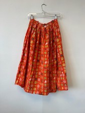 Vintage Tropical Fruit Skirt 25" Orange Red Midi Pleated Handmade High Waist