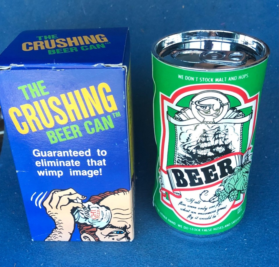 A classic collapsible fake beer can magic prop — crush it against your head for a guaranteed laugh and zero ER visits.