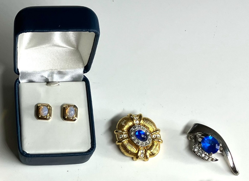 Vintage 2 Silver Gold Tone AB Rhinestone Brooch Pins + 1 AVON Earring Set With B