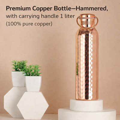 Pure Copper Water Bottle-with carrying handle Hammered Leak-Proof - 1 Ltr 34oz
