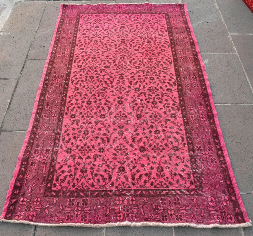Анатолийский турецкий ковер 44 x 76 дюймов РОЗОВЫЙ ПЕРЕКРАШЕННЫЙ винтажный ковер ручной работы ковер - Изображение 3 из 4