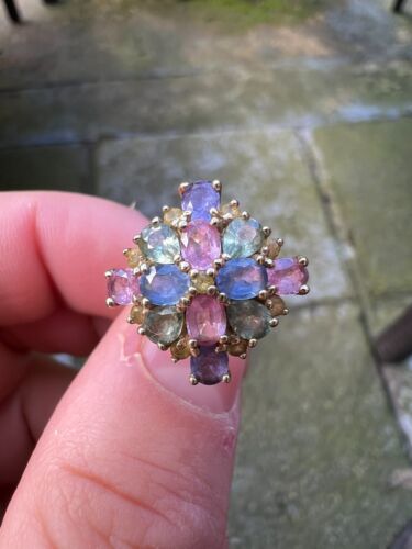 9ct Gold Multi Coloured Sapphire Cluster Ring, 9k 