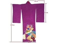 VTG Japanese Kimono Lovely Purple Silk with Hanaogi Flowers  Dance Fans Design