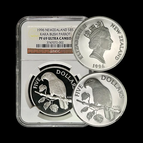 NEW ZEALAND. 1996, 5 Dollars, Silver - NGC PF69 - Top Pop 🥇 Kaka Bush Parrot