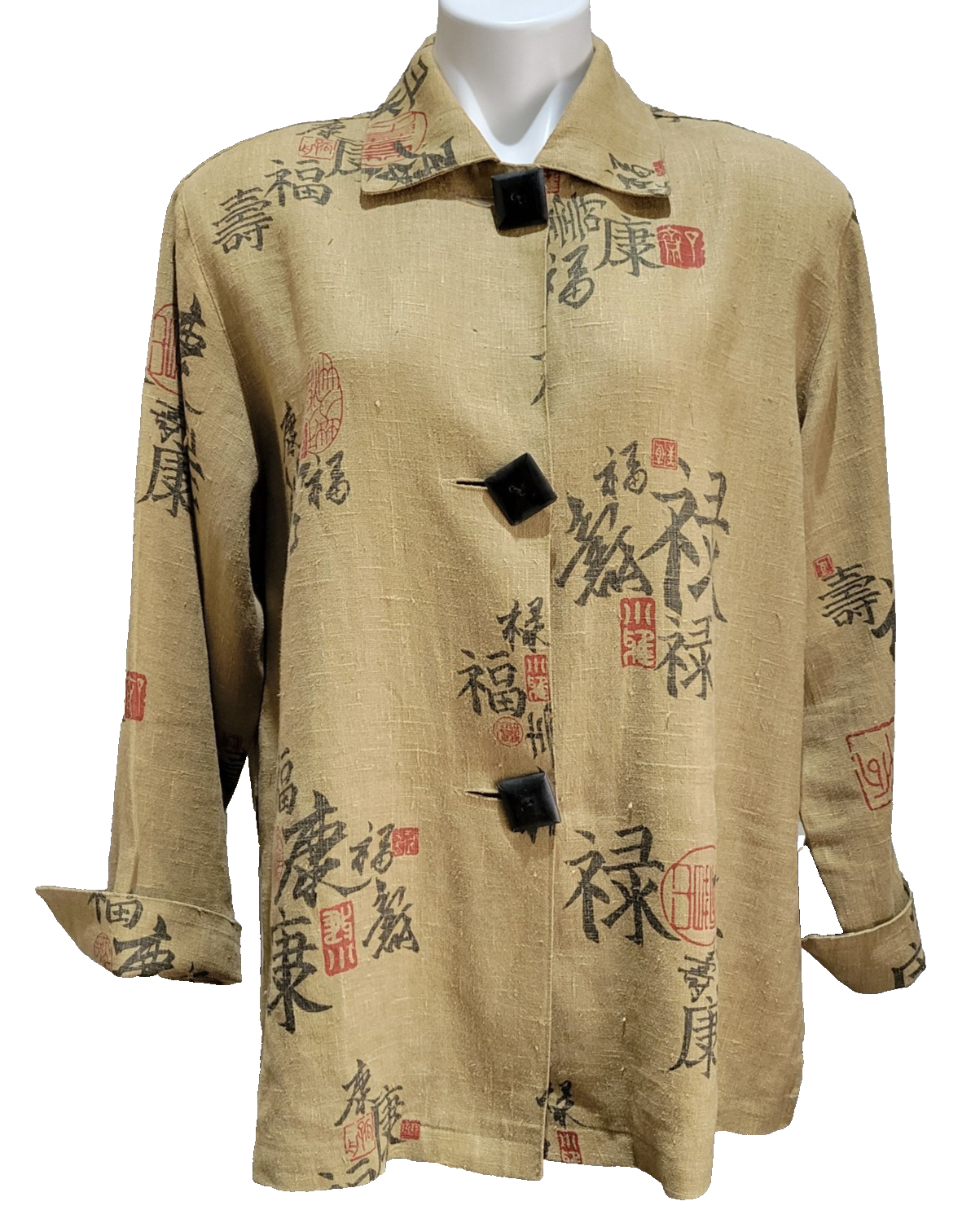 Giacca pony dipinta taglia XL tela lino stampa orientale quadrata bottoni neri