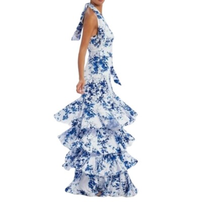 Forever Unique Floral Printed Ruffle Lula Maxi Dress Blue White Size 8 NWT
