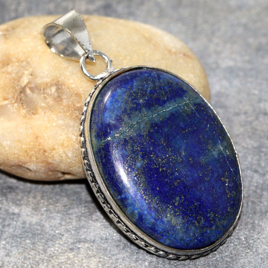 925 Silver Plated Lapis Lazuli Ethnic Pendant Gemstone Jewelry 2 Inch JW