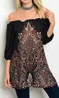 Floral Scroll Elastic Neckline Off Shoulder Artsy Poet Blouse Tunic Top
