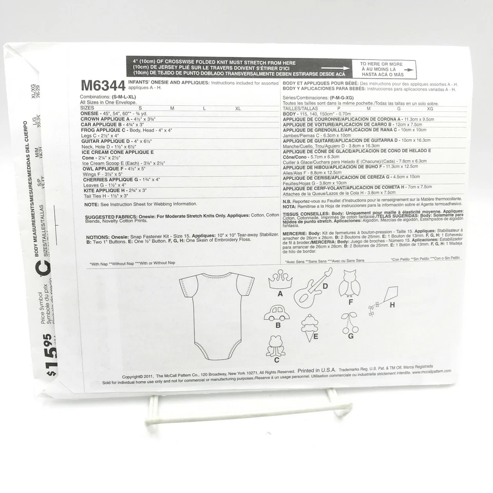 McCalls 6344 Infants Bodysuit and Appliques Owl Kite Ice Cream Frog S XL Pattern - Image 4 of 4