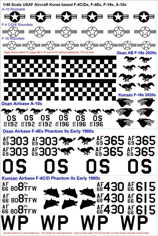 1/48 Scale USAF in Korea decals for F-4C/D/E  F-16 and A-10 Osan and Kunsan ABs