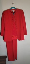 Vintage 80s 90s Carlisle Retro 3 Piece Pant Suit 100 Wool 100 Silk Blouse Red