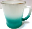Vintage Anchor Hocking Fire King Glass Mug Turquoise Ombre Fade Gold Rim 3 1/4"