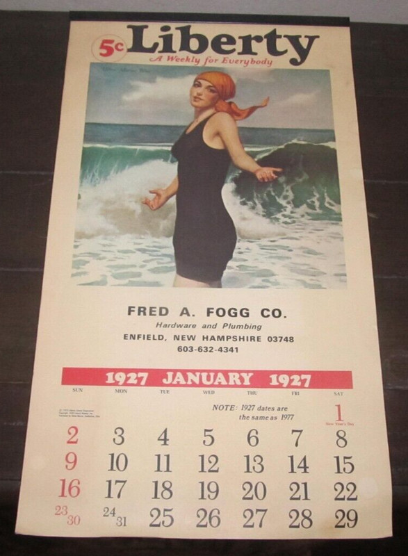 Vintage Calendar Liberty 1927 1977 Fred A. Fogg CO. Enfield, New Hampshire NH
