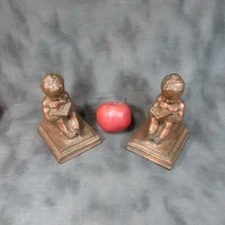 Pair Antique Artbronz Kathodian Bronze Works Bookends Child Reading Book, Nice