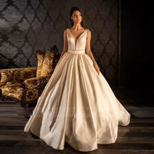 Elegant Simple Ivory Satin V-neck Wedding Dress for Bride Lace-up A-Line