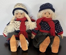 Vtg Dutch Cloth Dolls 12” Boy & Girl Hand Painted Face Wooden Shoes Knit Outfits