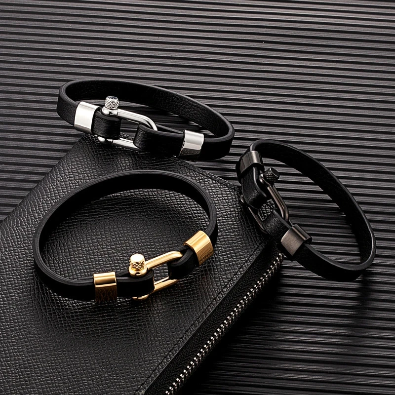 Pulsera de cuero de acero inoxidable negro para hombre grillete de tornillo joyería ajustable Foto 4 de 4