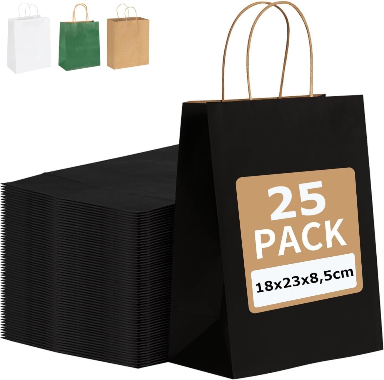 Sac en papier kraft noir avec poignée 18x21x8 cm élégant pour boutique Lot de 25