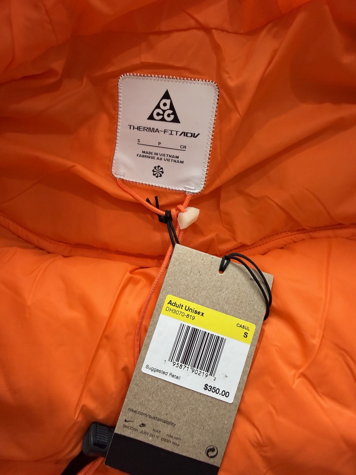 Nike ACG Therma-FIT ADV Lunar Lake Orange Puffer Down Jacket Men's Size Small