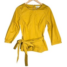 Top Boden Evie Amarillo Mostaza Algodón Corbata Cintura Peplum W0271 EE. UU. 6 NUEVO