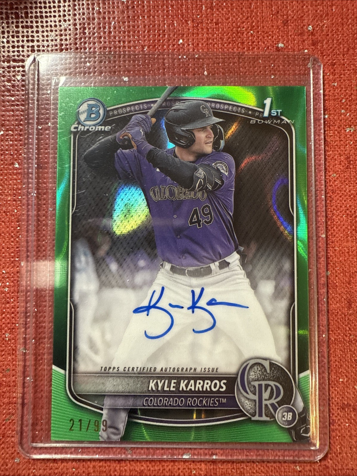 2025 Bowman Chrome Kyle Karros 1st Green Lava Refractor Auto /99 SP Rockies
