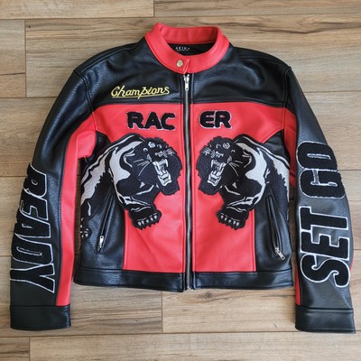 AKIRA Label Eye Of The Tiger Racing Moto Jacket Faux Leather Womens Medium Red
