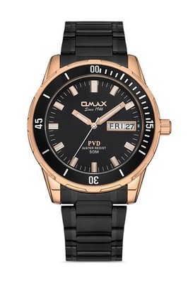 OMAX MEN'S WATCH SEIKO MOVMT, CHRON, ROSEGOLD PLTD, BLACK DIAL & BELT WATERRSINT